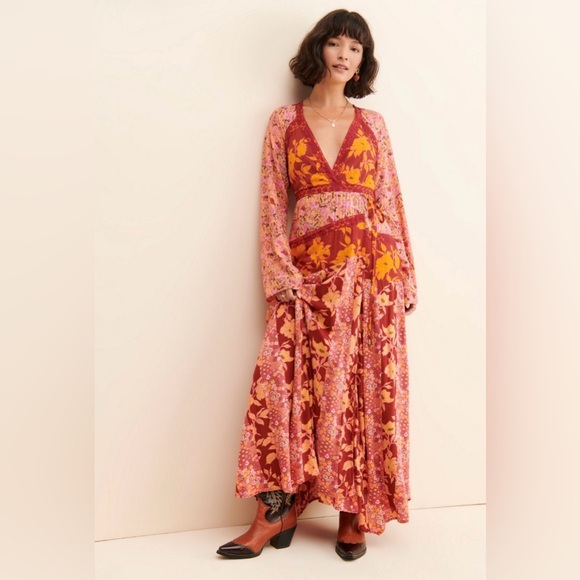 Free People Tilda Wrap Dress Pink Red Orange Floral Medium - Picture 2 of 5